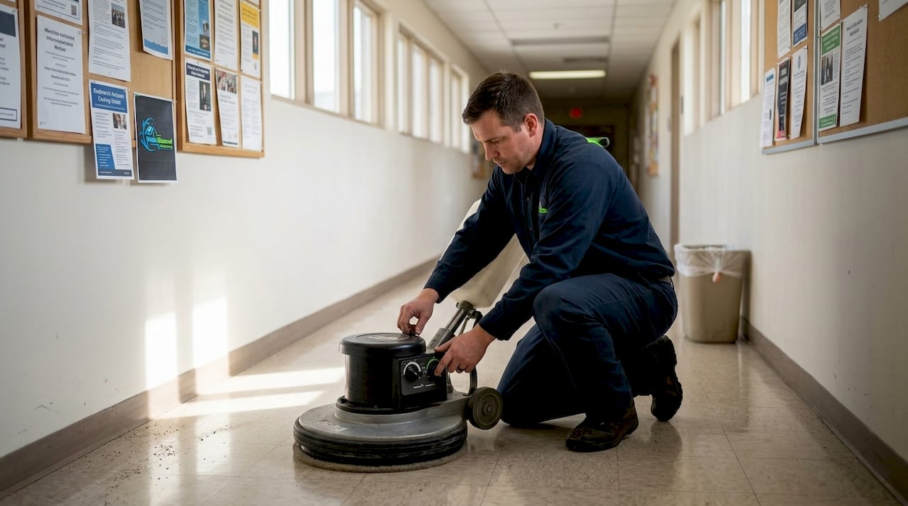 Technician adjusting floor buffer public hallway