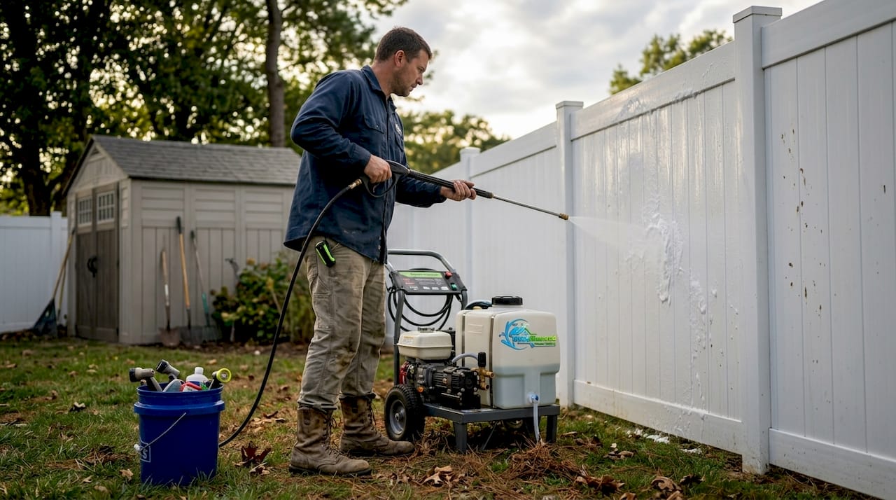 Professional using soft washing on vinyl fence