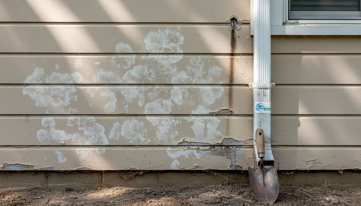 Close-up mildew patches on outdoor wall