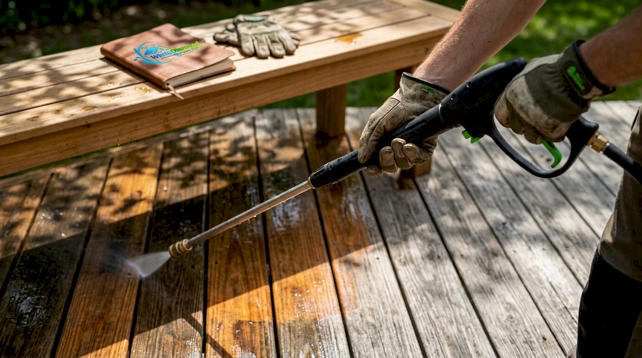 Pressure washer damaging wood deck close-up