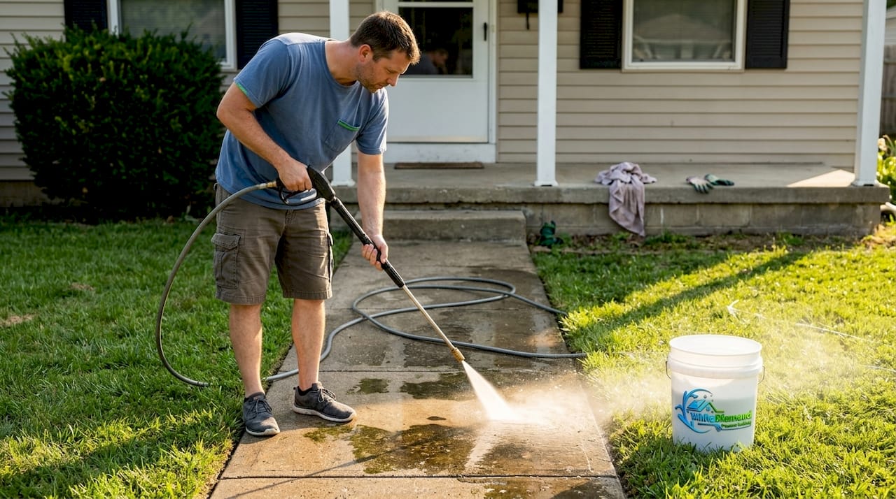 Homeowner pressure washing stained concrete walkway