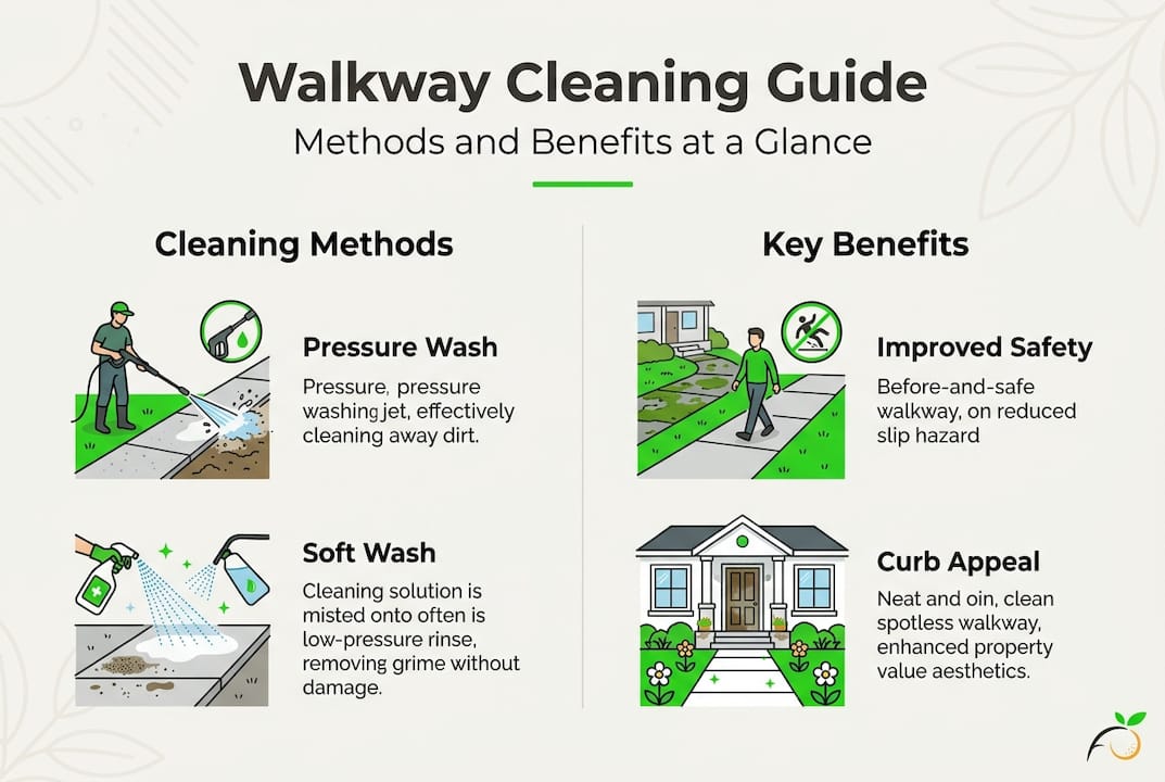 Infographic showing walkway cleaning methods and benefits
