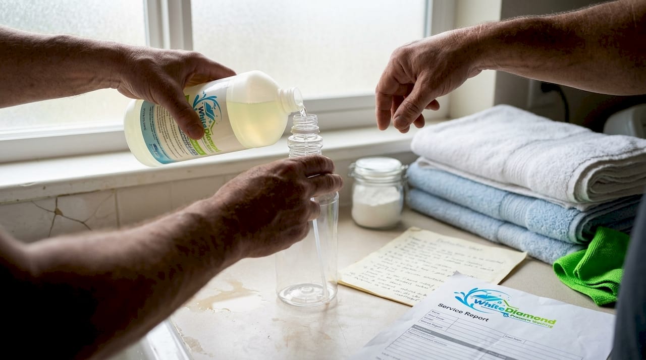 Hands preparing pH-neutral cleaner for surfaces