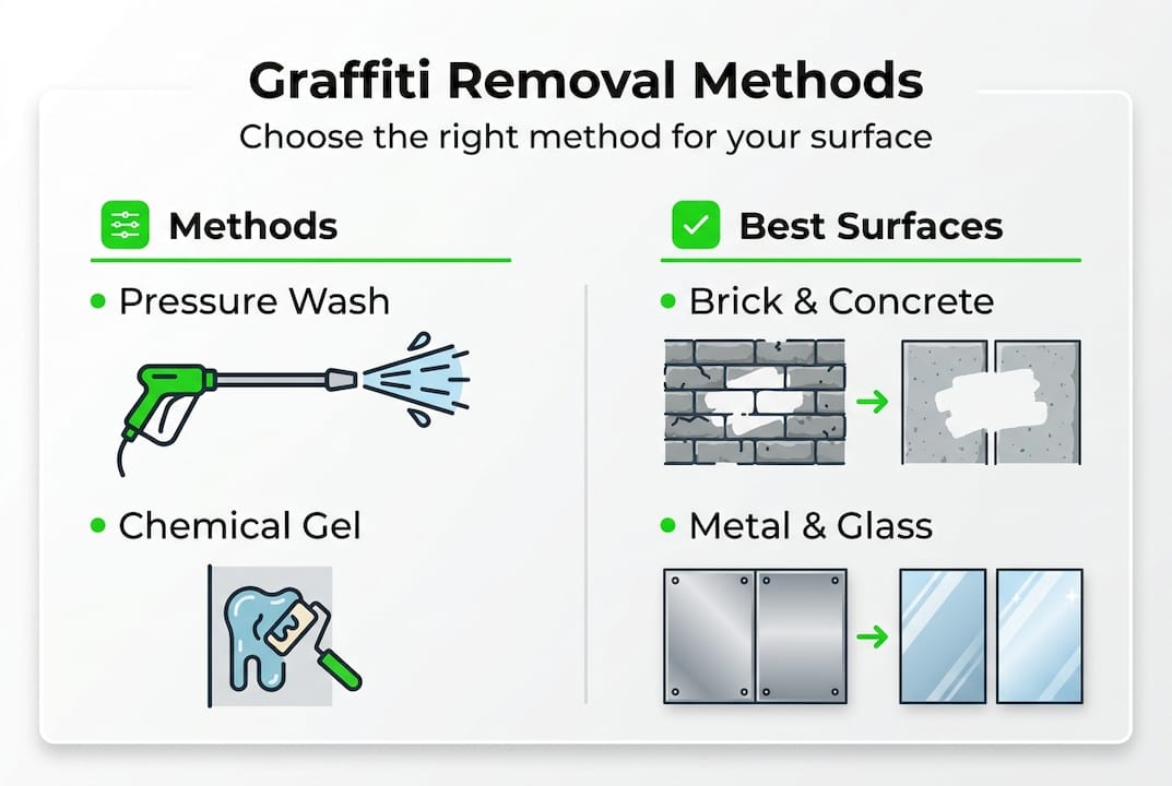 Infographic comparing graffiti removal methods by surface