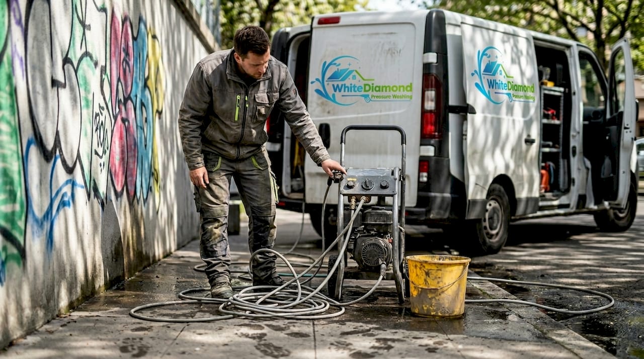 Technician prepping to remove graffiti with power washer
