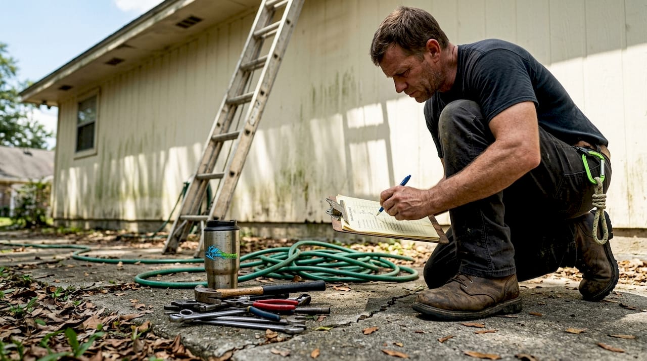 Contractor reviewing home exterior maintenance list