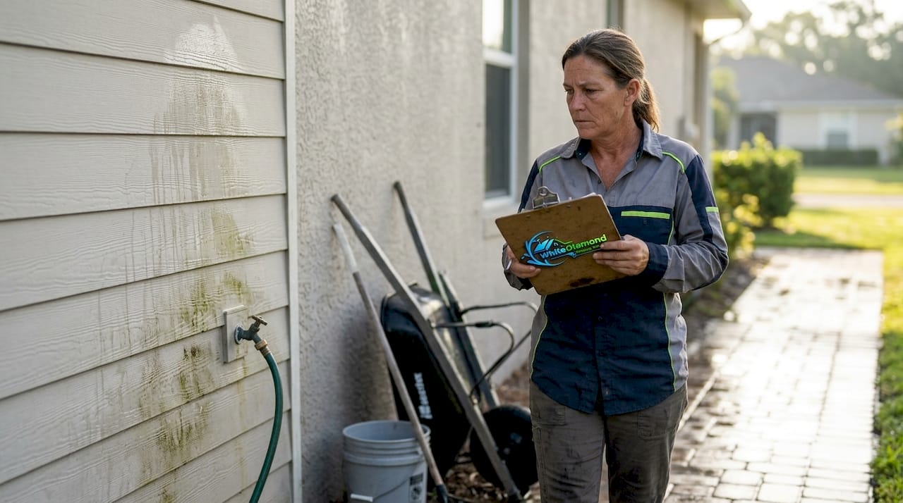 Inspector examines home exterior before cleaning