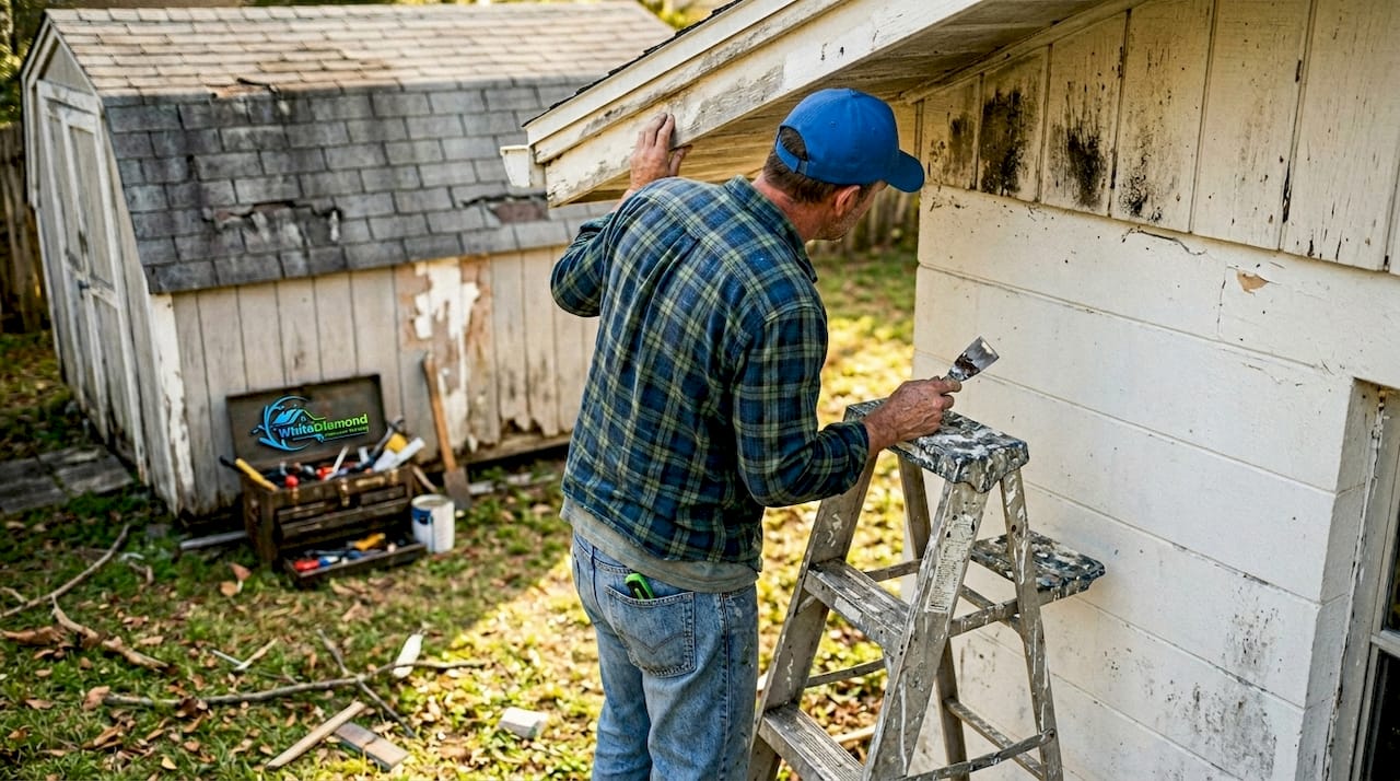 Handyman inspects exterior for mildew damage