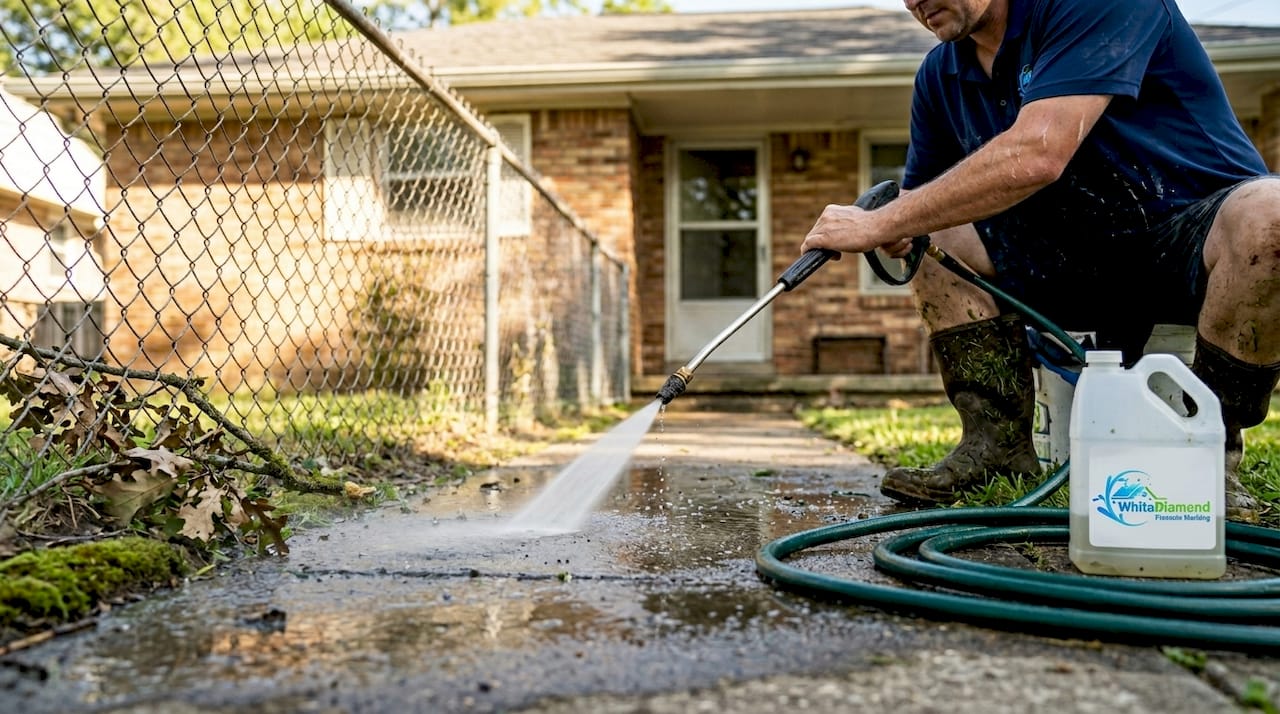 Pressure washing walkway removes stains