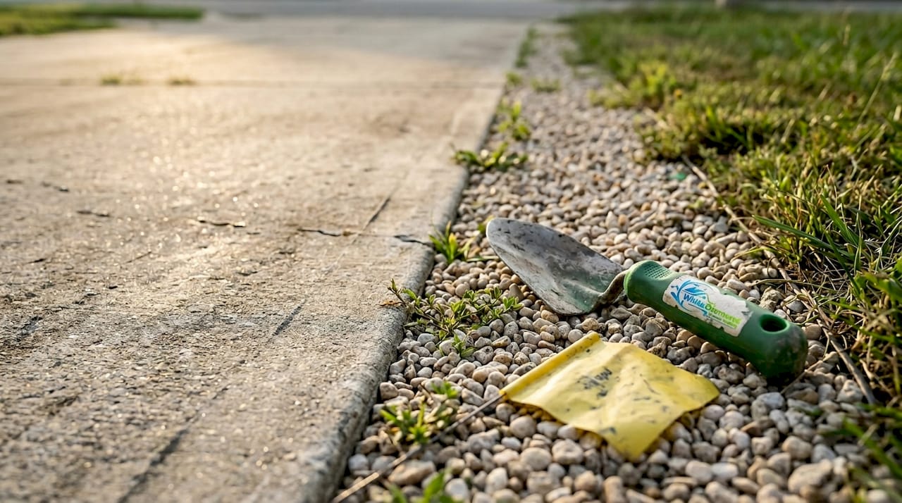 Gravel border lining edge of driveway