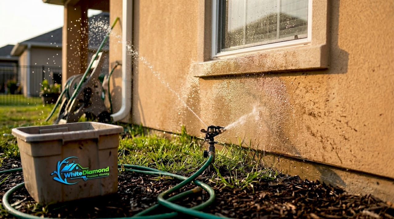 Sprinkler spraying water on house wall