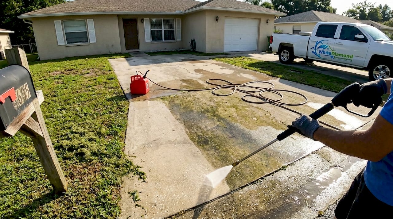 Pressure washing shows driveway clean and dirty