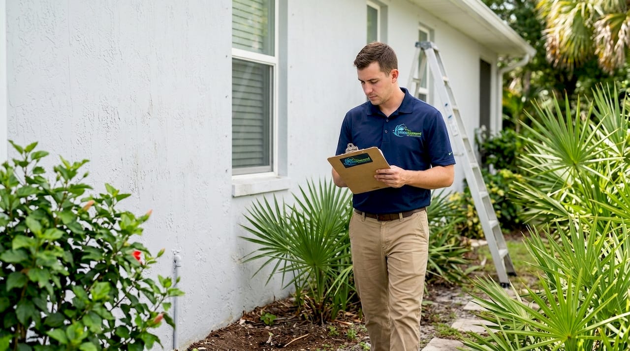 Technician inspecting home siding for cleaning needs
