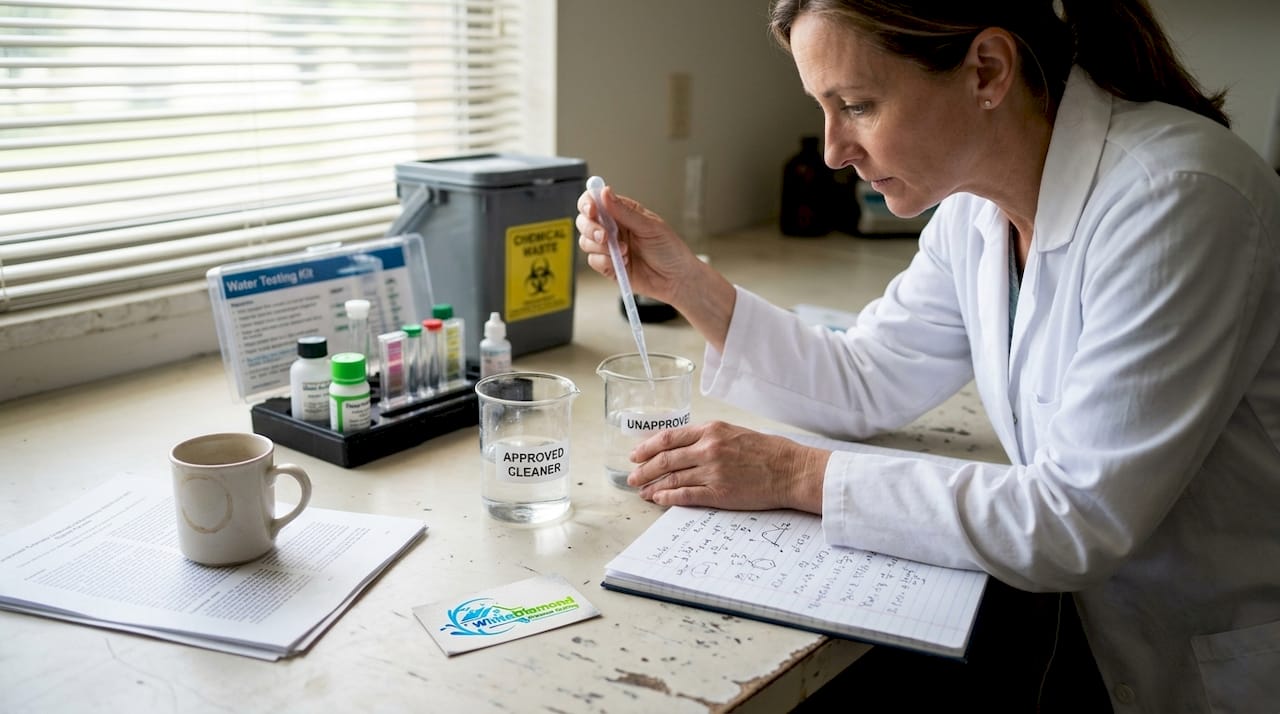 Scientist comparing cleaner product ingredients benchside