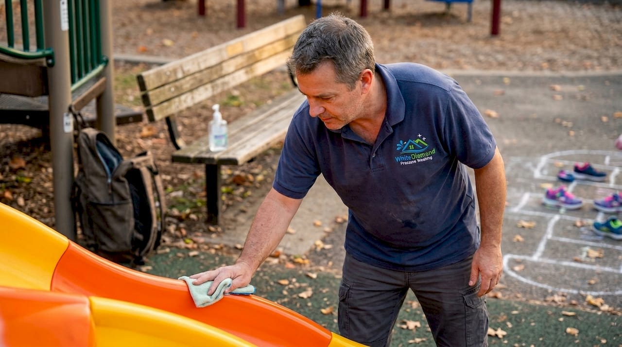 Worker cleaning playground slide at park