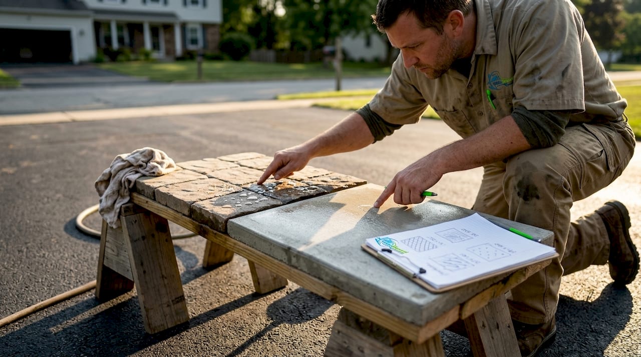 Technician comparing sealed outdoor surfaces