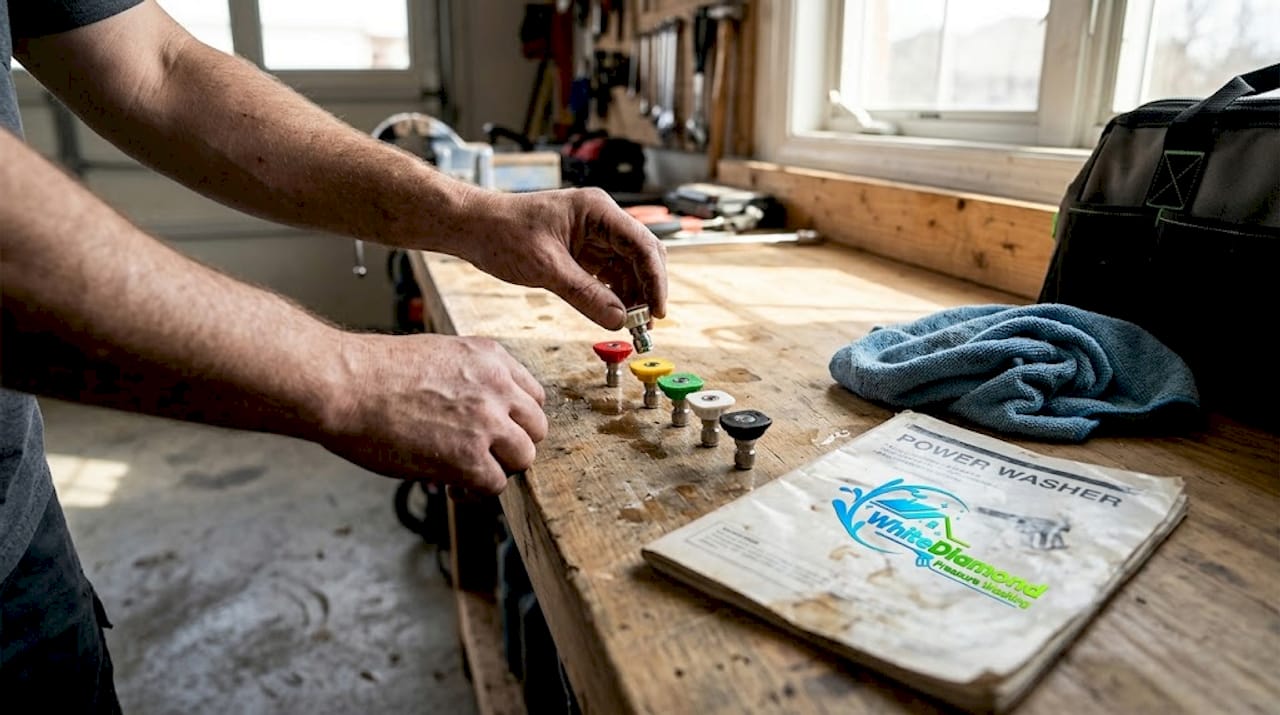Hands choosing safe pressure washing nozzle on bench