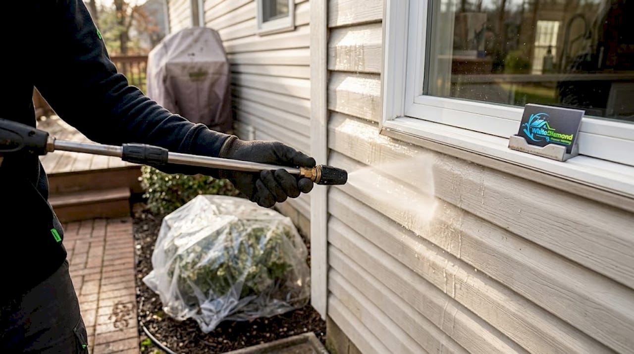Pressure washing vinyl siding detail view