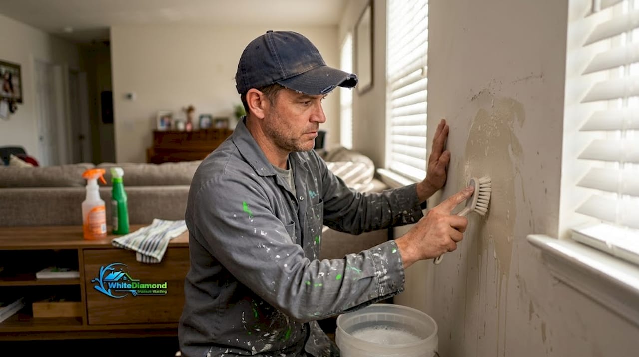 Handyman scrubbing mildew from drywall