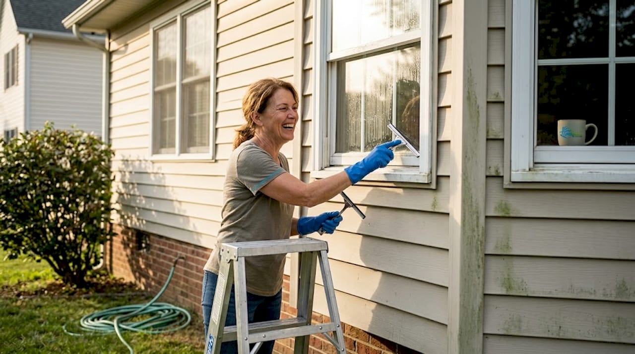 Woman cleaning exterior window on ladder