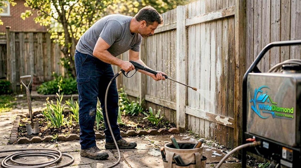 Technician testing pressure level on fence section