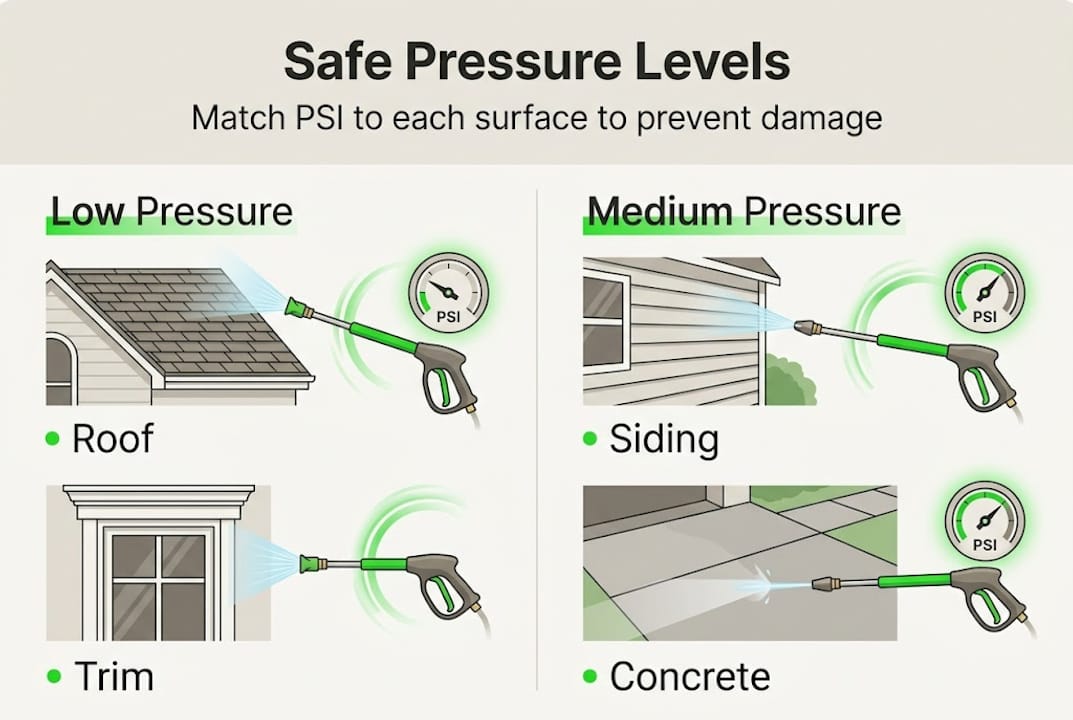 Infographic showing safe pressure levels by surface