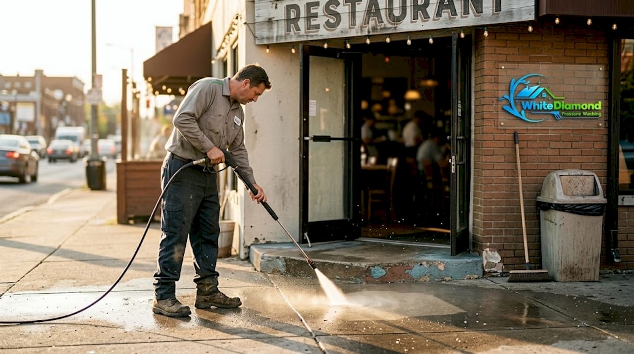 Pressure washing restaurant exterior entrance