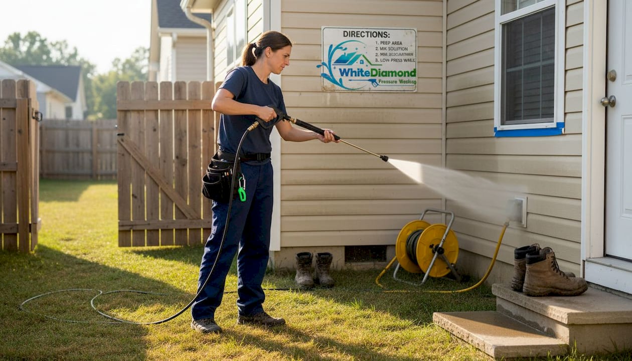 Technician soft washing home siding safely