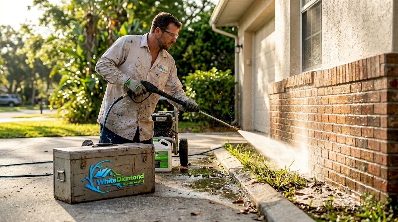 Technician safely pressure washing home exterior