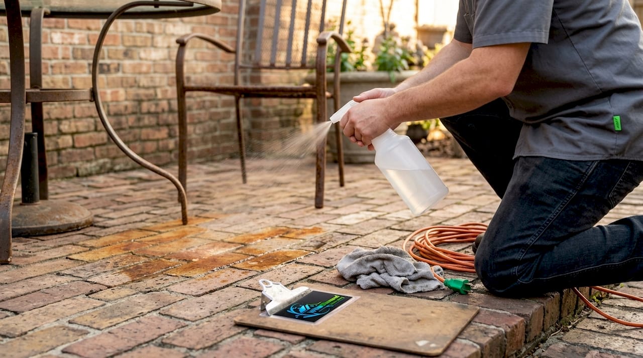 Cleaner treating rust stain on patio