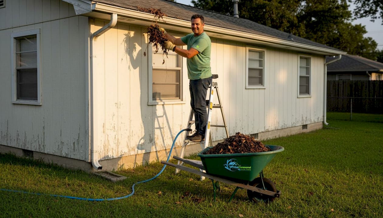 Man cleaning gutters during roof inspection