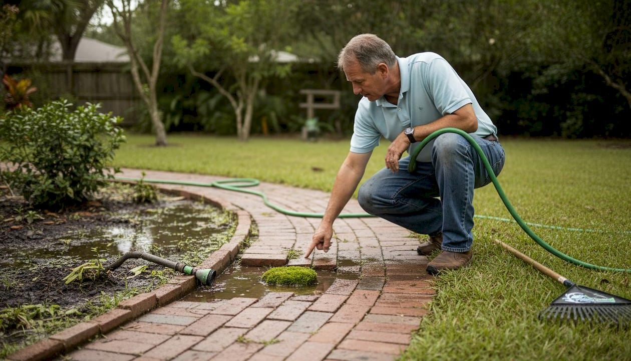Homeowner inspecting walkway after recent rain