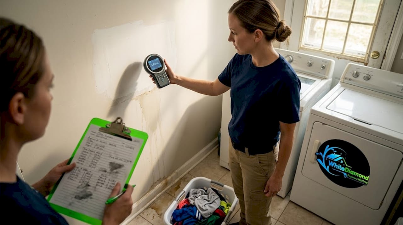 Technician verifying mold remediation in laundry room