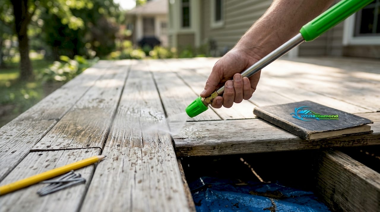 Testing pressure washer on wood deck