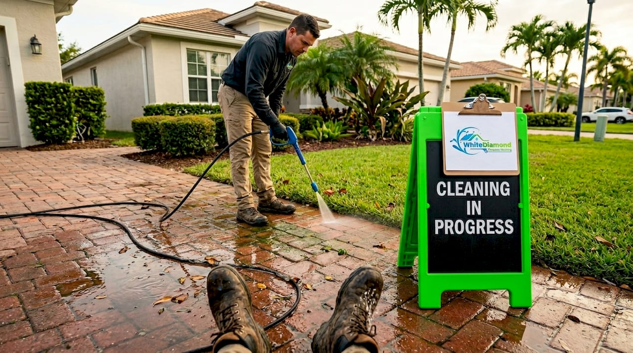 Contractor cleans walkway with low pressure