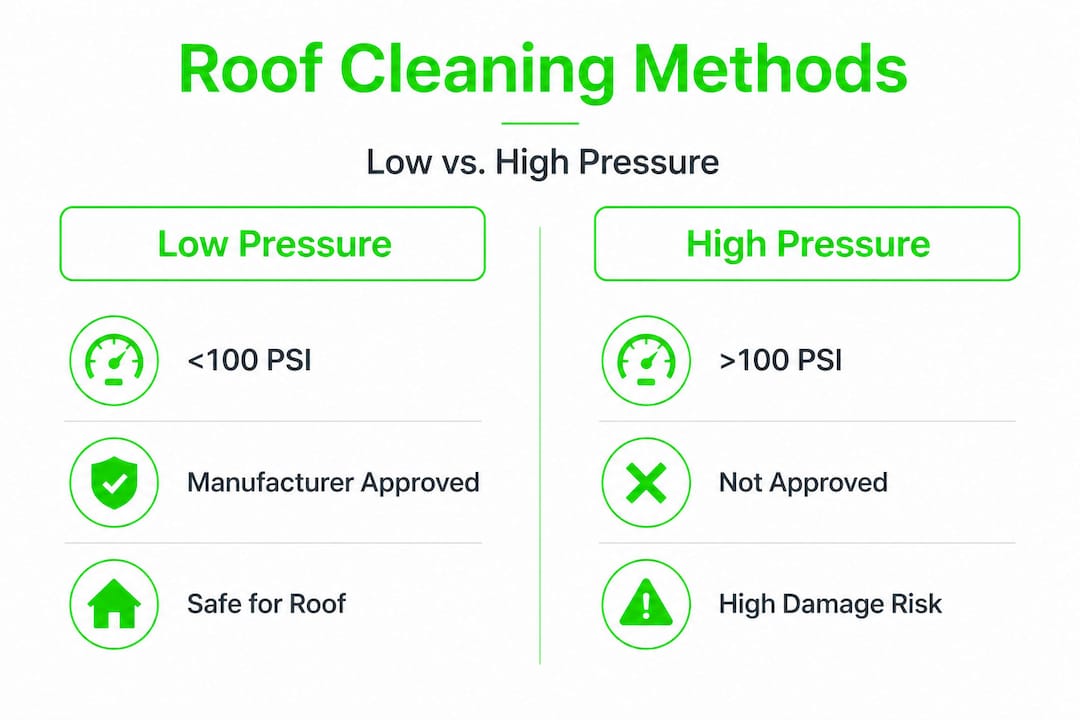 Infographic comparing low and high pressure roof washing
