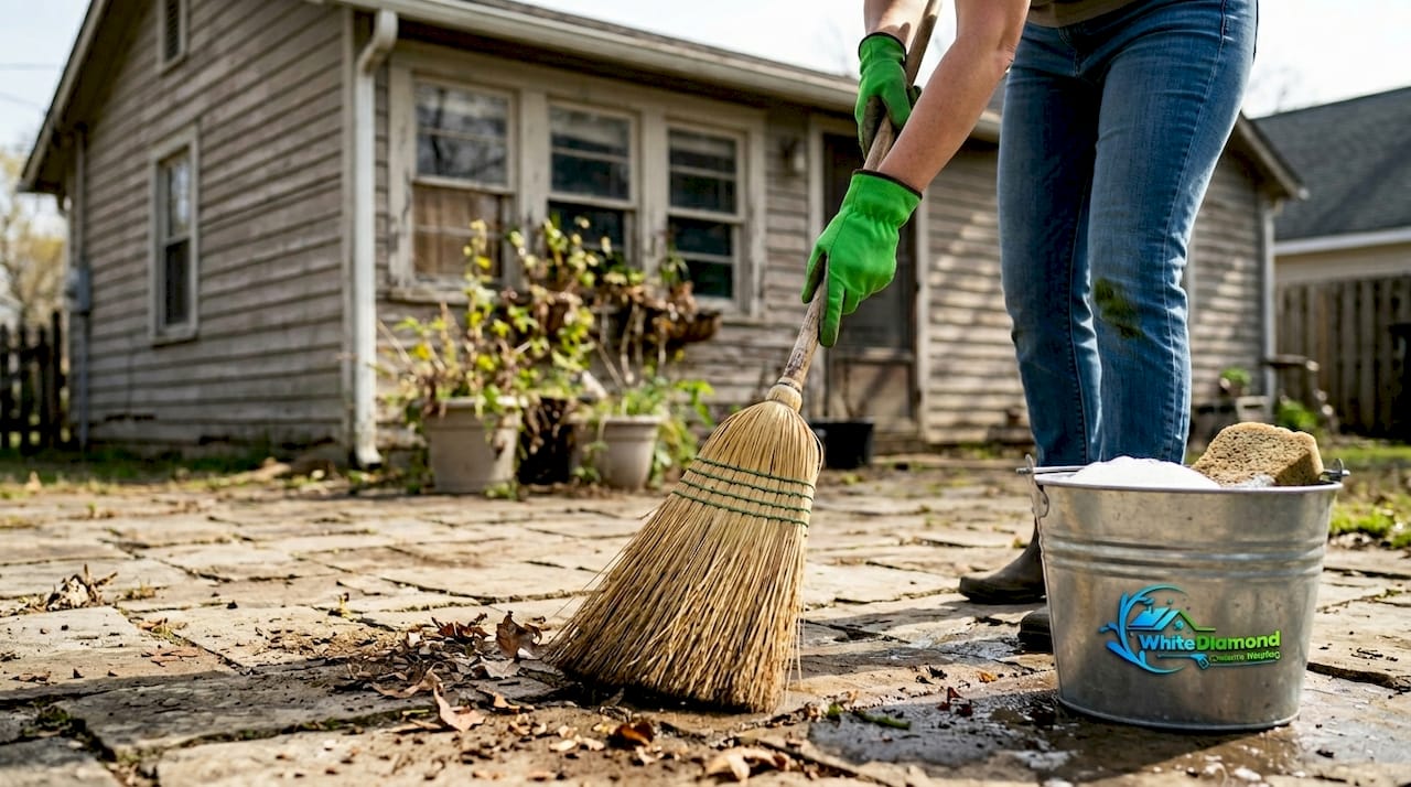 Sweeping and eco-cleaning a backyard patio