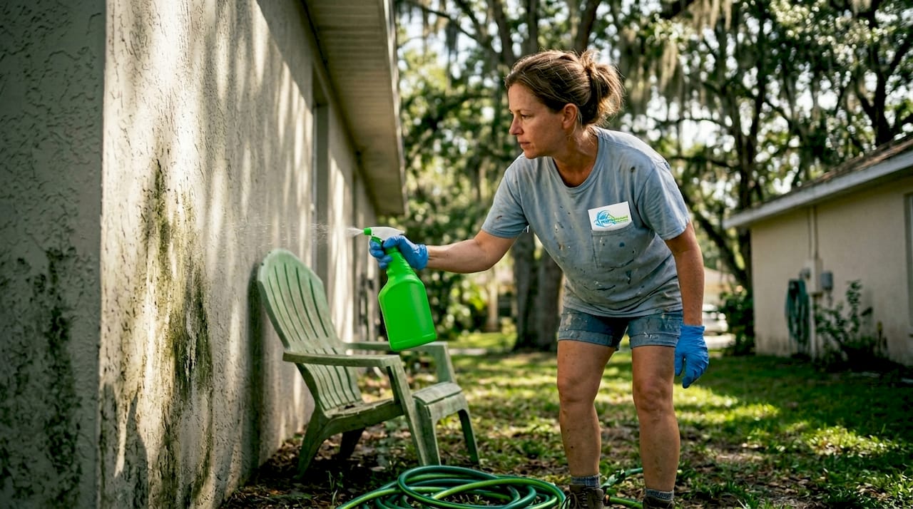 Woman cleaning shaded house siding for mold