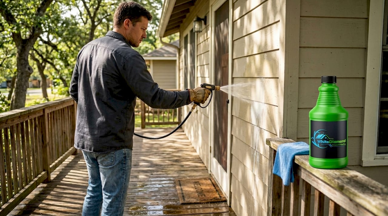 Technician applying soft wash solution