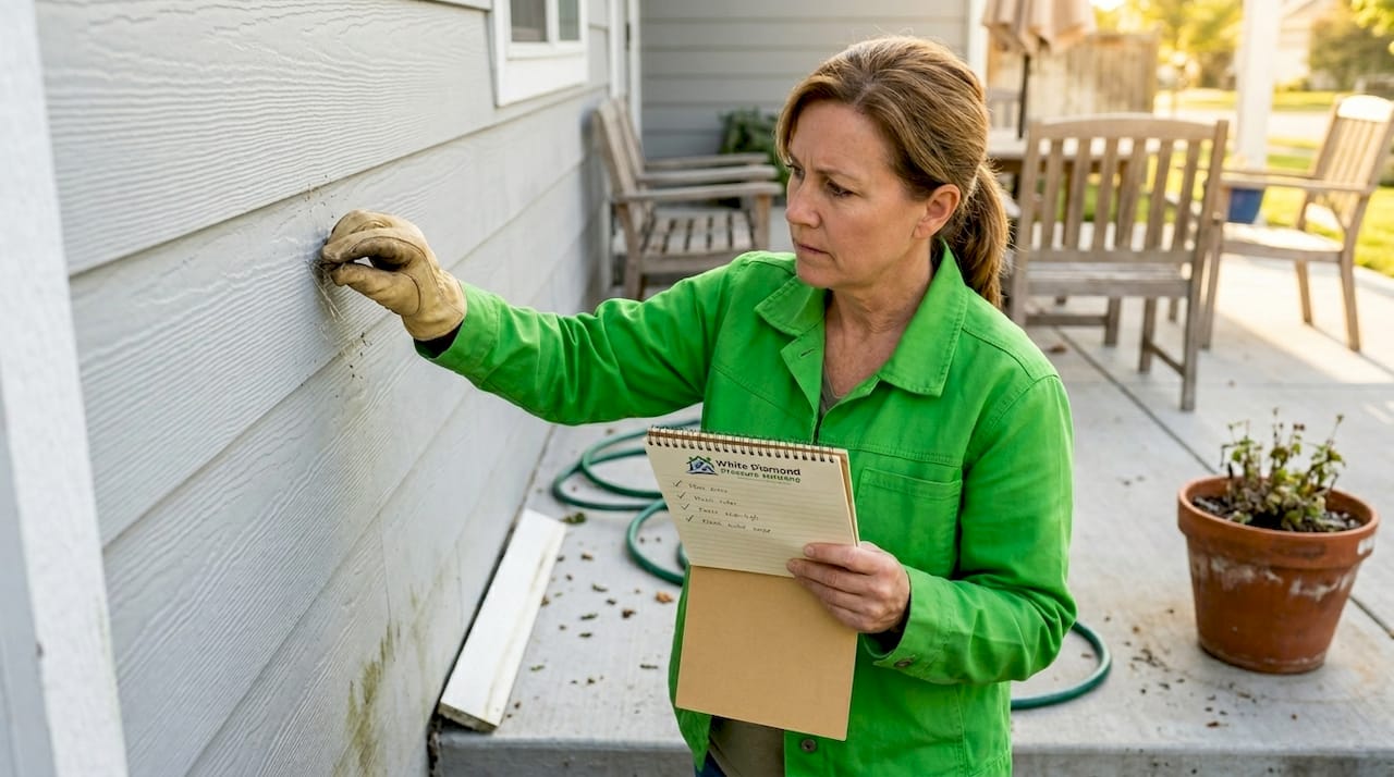 Homeowner inspecting clean siding with notepad