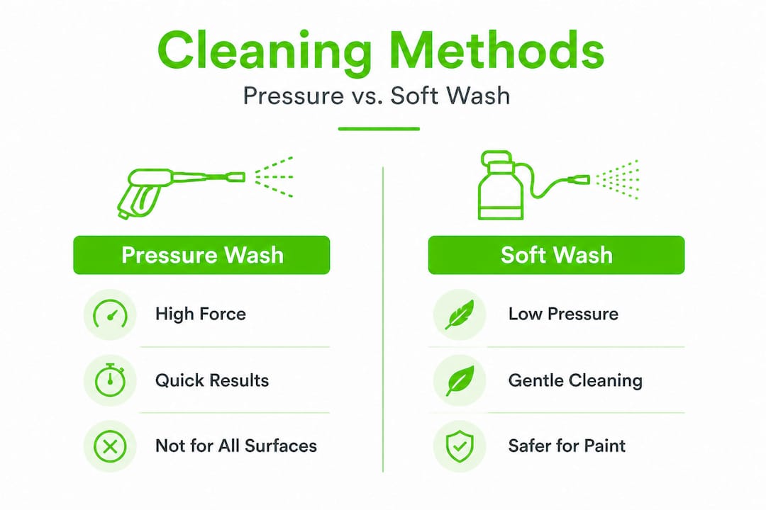 Infographic comparing pressure vs soft washing methods
