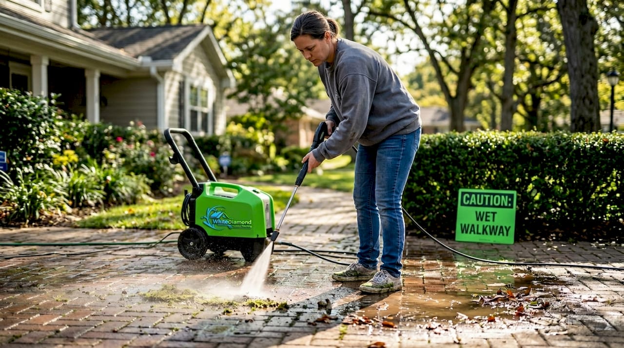 Worker pressure washing brick walkway
