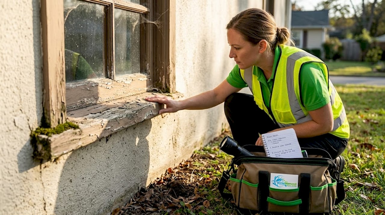 Inspector checking window for wood damage
