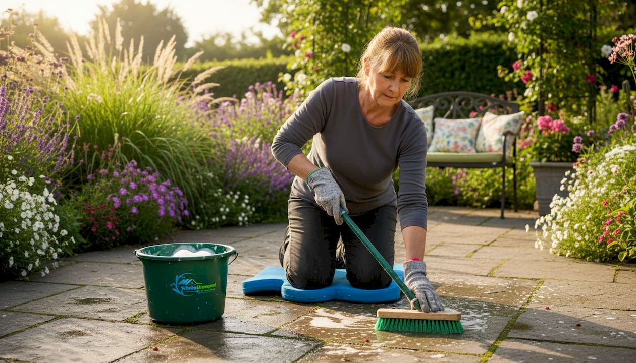 Woman scrubbing algae from backyard patio pavers