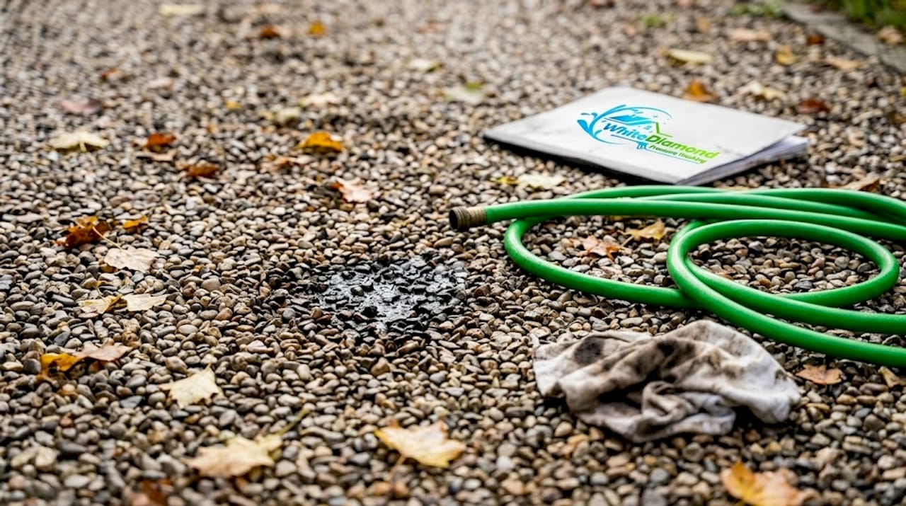 Close-up showing reappearing oil stains on concrete