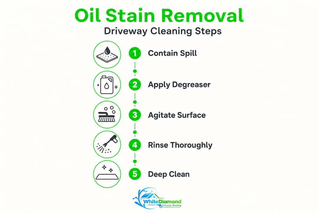 Infographic with driveway oil stain removal steps