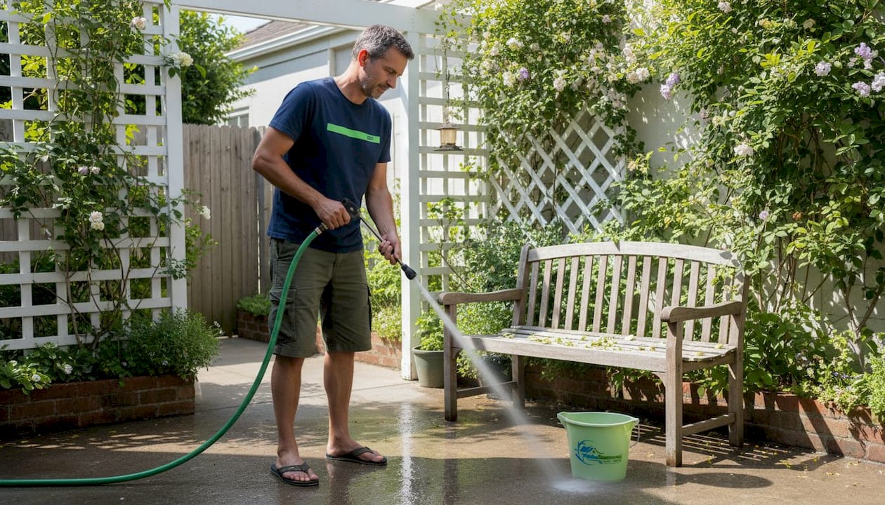 Man rinsing concrete patio in small backyard