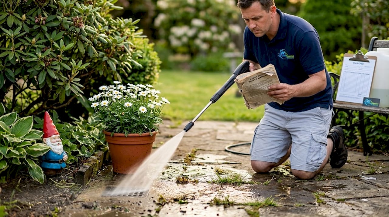 Worker pressure washes driveway safely