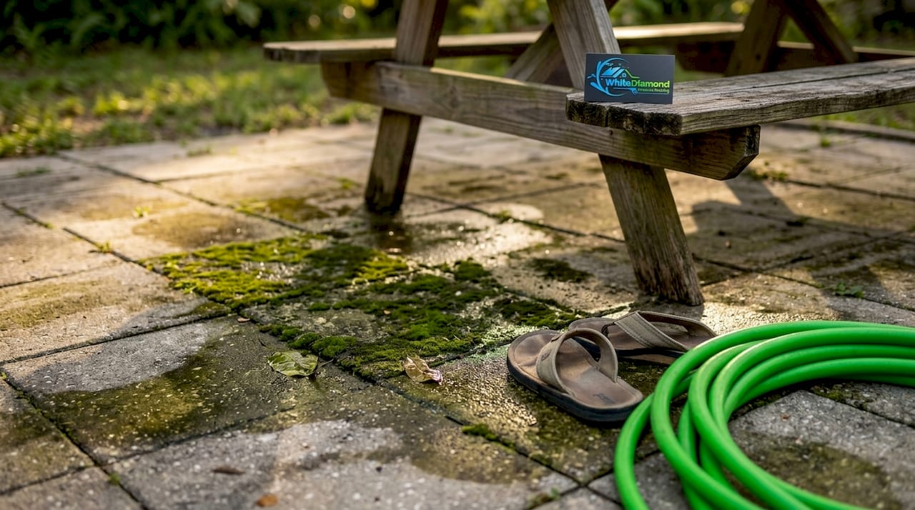 Moss and algae on backyard patio