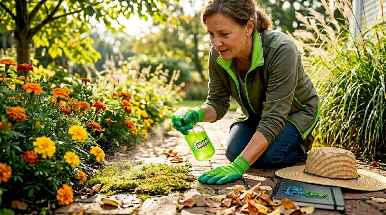 Woman applying eco-friendly solution for moss